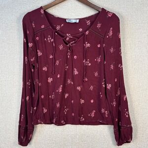 Hollister Womens Burgundy Floral Lace Up V-Neck Long Sleeve Blouse Top Large